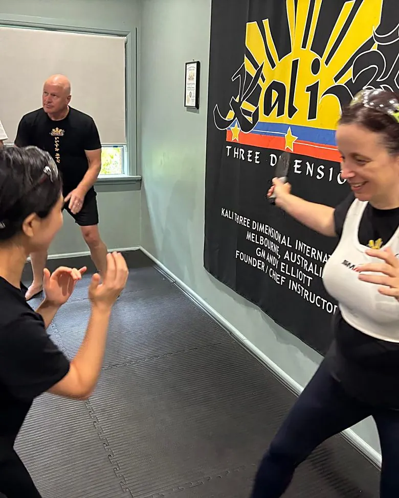 Partner sparring drills in front of the Kali 3D banner