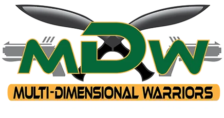 Multi Dimensional Warriors (MDW) logo — crossed karambit blades behind the letters MDW in green and gold, over a gold banner reading Multi-Dimensional Warriors